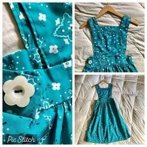 Vtg Handmade Bandana Print Pinafore Dress Flower Women XS Teal Green Cottage NEW